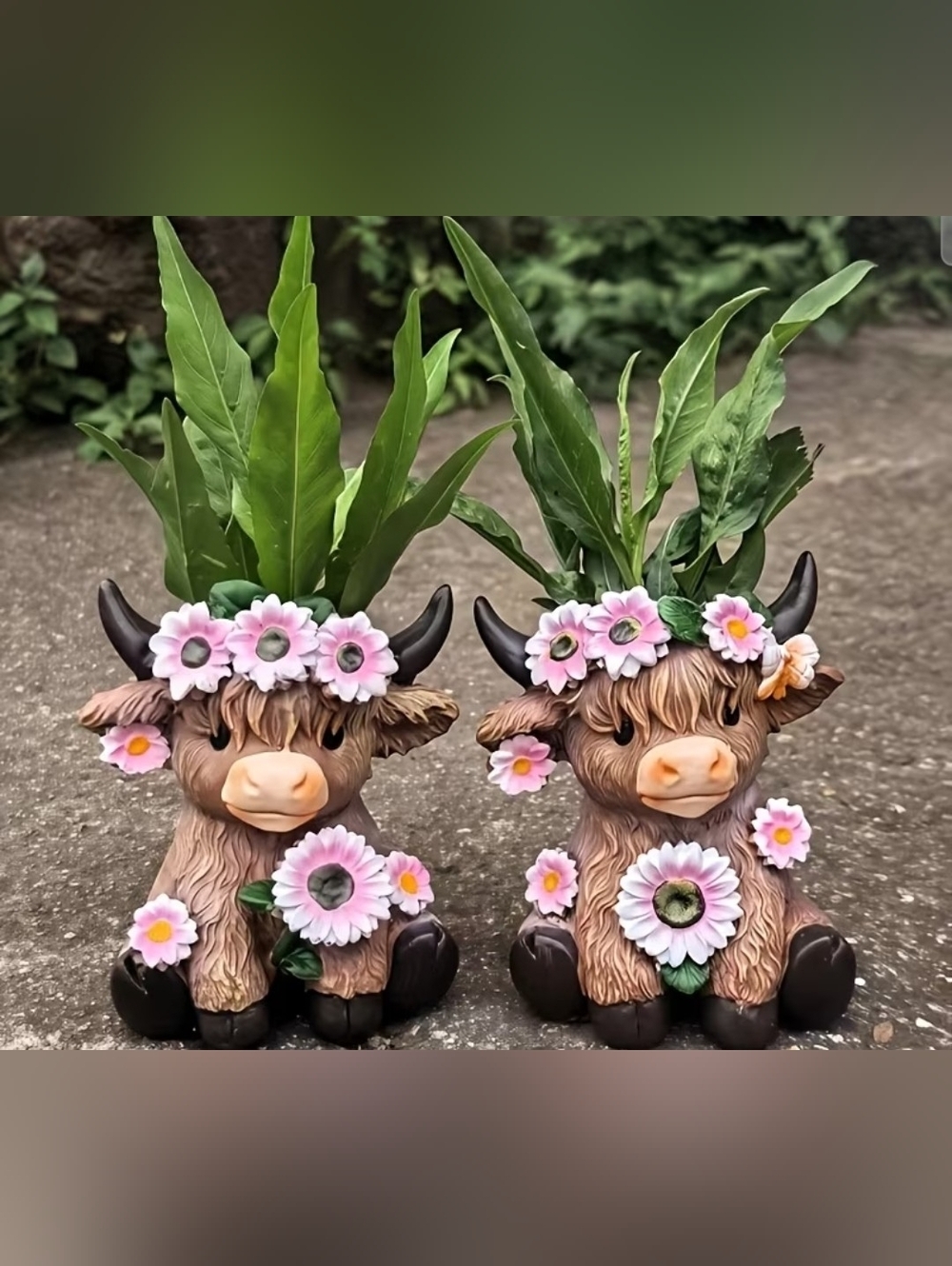 Adorable Brown Highland Cow Planters with Pink Flowers - Home Accents - Picture 2 of 5